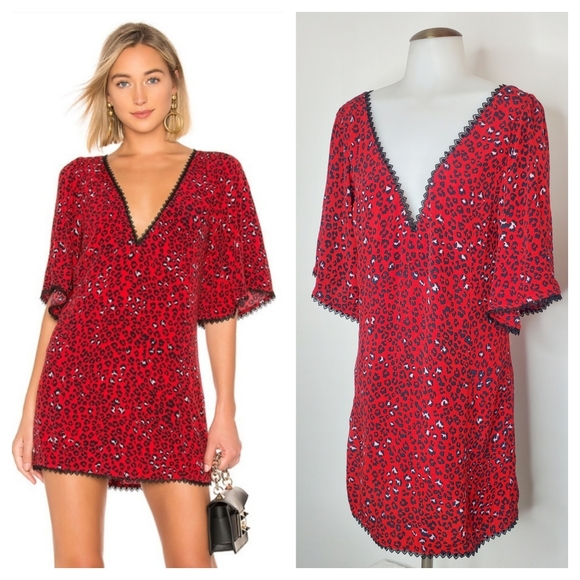 NEW Lovers + Friends Jason Red Cheetah Leopard Print Boho Mini Dress - Picture 1 of 11